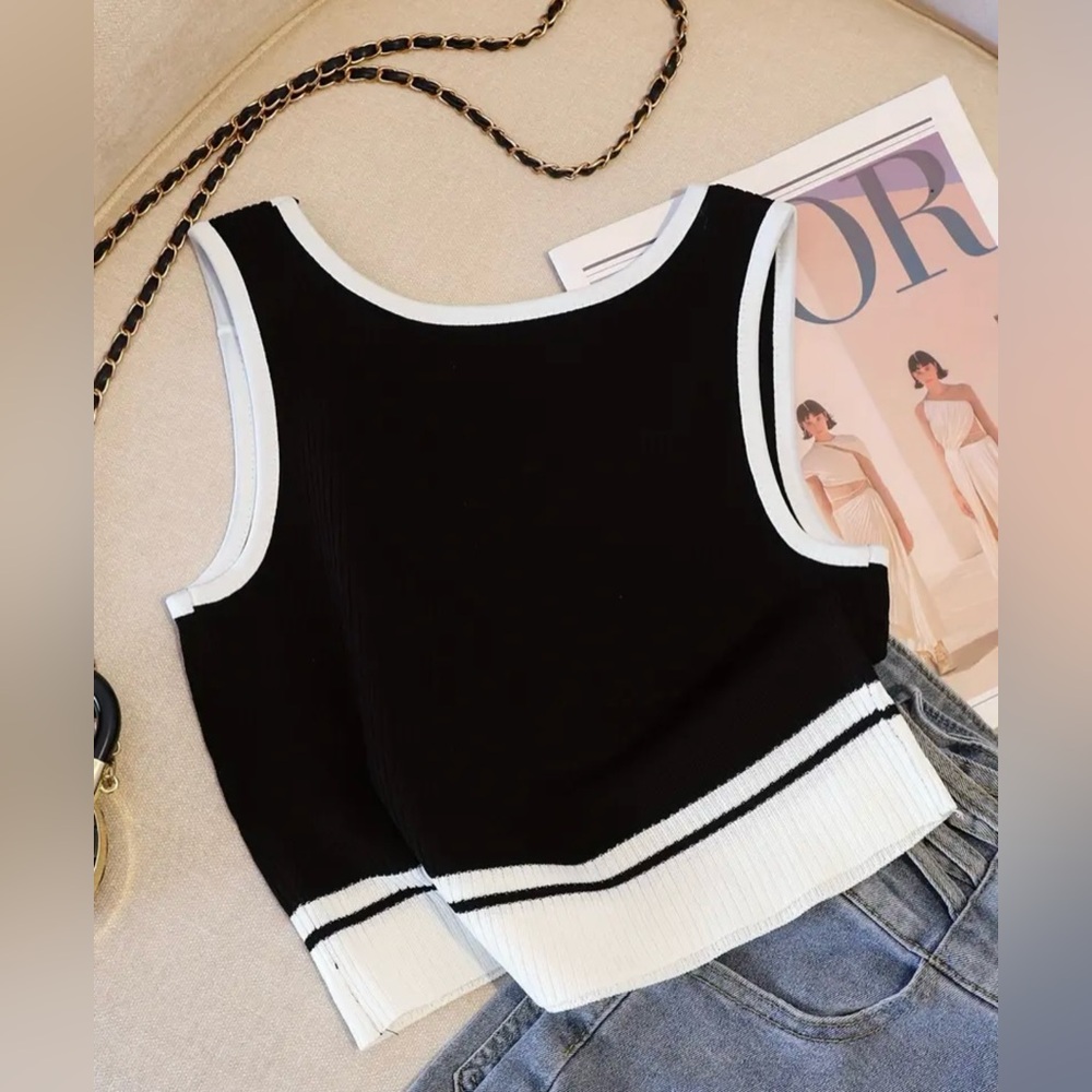 Fashionable Letter Print Rib-Knit Colorblock Tank Top - Picture 2 of 4